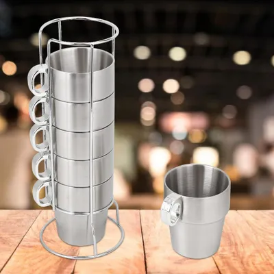 Image de Ensemble de tasses à café empilables en acier inoxydable à double paroi anti-brûlures, avec support