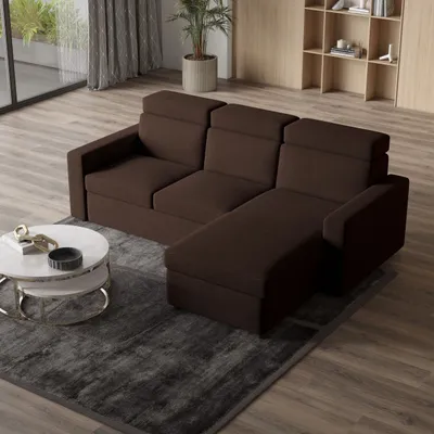 Zdjęcie produktu dla Masseno Narożnik PADWA z funkcją spania i pojemnikiem na pościel Kształt L, Rozkładana sofa, Rogówka - Brązowy, POSO 06
