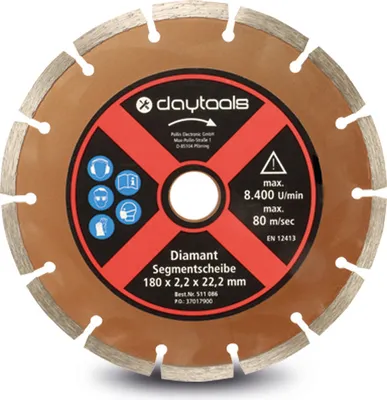 Immagine prodotto di Disco da taglio diamantato DAYTOOLS | 180 mm | per il taglio a umido e a secco di pietra, calcestruzzo, cemento armato, piastrelle | Ø esterno 180 mm | Ø foro 22,2 mm | Spessore 2,2 mm | max. 80 m/s | max. 8400 giri/min