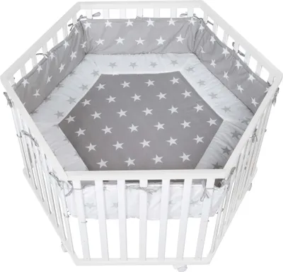 Produktbild von roba Laufgitter, 6-eckig, inkl. Schutzeinlage 'Little Stars' & Rollen, Holz weiß