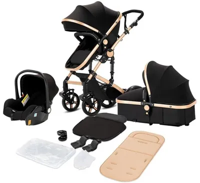 Produktbild von Luxus 3-in-1 Kinderwagen – Sportwagen – Babyschale – Buggy – Babywanne – Faltbar – 0–36 Monate – Schwarz/Gold