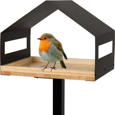Produktbild von WONDERMAKE Design Vogelhaus mit Ständer aus Metall und Holz wetterfest, modernes Vogelfutterhaus groß Metalldach stehend, Vogelhäuschen Futterhaus für Vögel zum Stellen XL