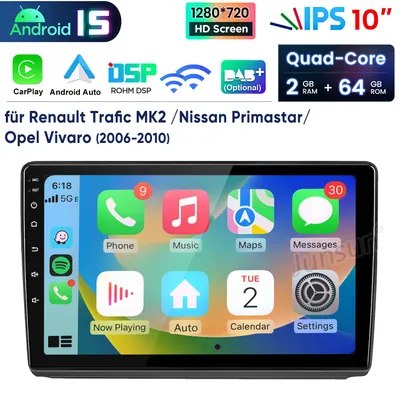 Obrázek produktu pro 10" Autorádio s CarPlay a Androidem pro Renault Trafic MK2 a Opel Vivaro A (2006-2010), s GPS navigací, Wi-Fi, Bluetooth, DAB+, ovládáním na volantu, USB a DSP, 2GB RAM a 64GB úložiště