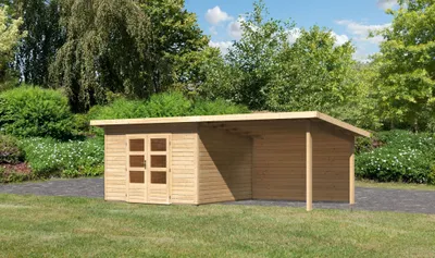 Produktbild von Karibu Gartenhaus Gerätehaus Northeim 3 im Set mit einem Anbaudach Breite 3,3 m und 28mm Rückwand naturbelassen 604x309x229,5 cm