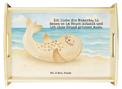 Produktbild von Mr. & Mrs. Panda Deko Tablett Robbe Liegen Design - Weiß - Geschenk, Serviertablett, Strand, aus holz, Seehund, betttablett, Freude, Ostsee, Lustige Sprüche, Nordsee
