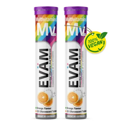 Produktbild von Multivitamin Brausetabletten 2er Set Orange, Kombination aus 10 Vitamine, 100% NRV, Energie & Immunsystem, vegan – EVÄM