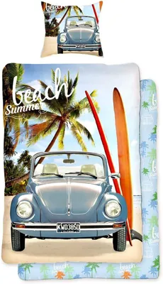 Produktbild von VW Bulli Bettwäsche-Garnitur von Skybrands – Offizielles Volkswagen Lizenzprodukt – Retro Design 135x200cm + 80x80cm – Hochwertige Baumwolle – Ideal als Geschenk für Bulli-Liebhaber & Nostalgiker