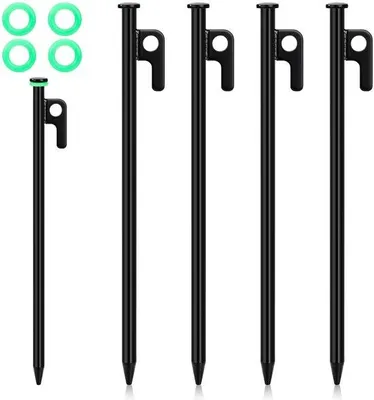 Immagine prodotto di Uniqoos® - Picchetti per tende in acciaio forgiato da 25 cm: robusti picchetti con testa grande, ganci e occhielli, anelli riflettenti, ideali per terreni duri, spiagge e neve