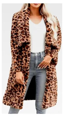 Produktbild von Fleecejacke mit Leopardenmuster für Damen, Kunstfell-Mantel, flauschige Strickjacke, warme Plüsch-Winterjacke, mittellanger Trenchcoat mit Umlegekragen, Fleecemantel, Cardigan, Übergangsjacke