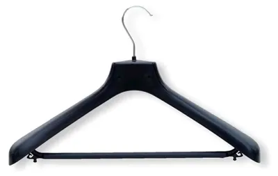 Produktbild von Kleiderbügel AN 45 P – Kunststoffbügel schwarz mit 5 cm Breiten Schultern, Hosensteg und Rockhaken, drehbarer Metallhaken – formstabil – 5 Stück für Jacken, Anzüge, Röcke