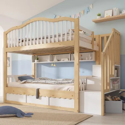 Produktbild von okwish Etagenbett 90×200 mit zwei Matratze und Regal, Kinderbett mit Stauraumleiter und hydraulischem Stauraum,Holzbett in Eiche