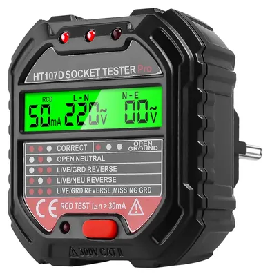 Produktbild von Digitales LCD-Steckdosenprüfgerät, 6 Betriebsmodi, FI-Schutzschalterprüfung, 10-A-Elektroskop, Kontrollleuchte, 90–250 V/45–65 Hz