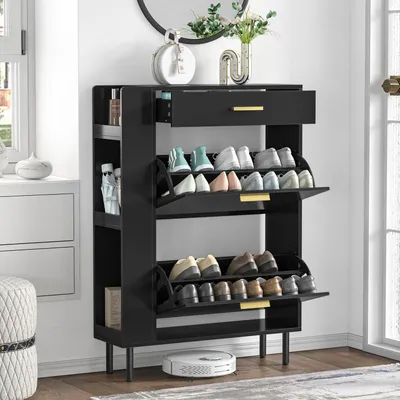 Obrázok produktu pre Skriňa na topánky s 2 zásuvkami s výklopným otváraním, nastaviteľnými priehradkami, pre 8-12 párov topánok, rozmer 75x24x105 cm, farba: čierna