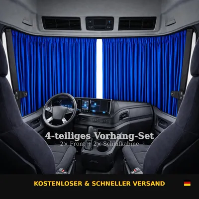 Produktbild von LKW Gardinen für Actros L MP4 MP5 4-tlg. Frontscheibe Schlafkabine Schwarz Blau