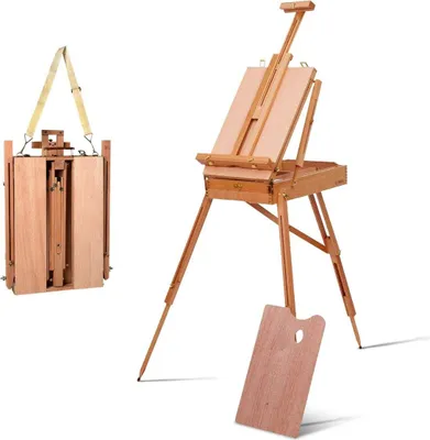 Zdjęcie produktu dla Przenośna sztaluga z drewna bukowego z szufladą i półką, 71x114x183 cm