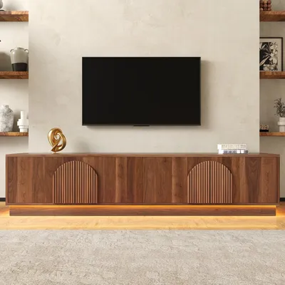 Produktbild von Merax TV Lowboard mit LED Beleuchtung Bodenstreifen, TV Schrank mit 4 Push-to-Open Türen, Bogenrillen Design, Fernsehbank aus MDF, Nussbaum