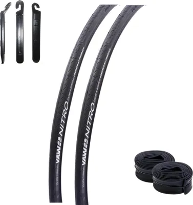 Image de 2 pneus de vélo de course Yaw Nitro 28" 23-622 (700x23C) en noir + 2 chambres à air SV assorties, 3 démonte-pneus inclus