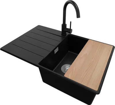 Produktbild von PRIMAGRAN Granitspüle Schwarz 78x50cm, Spülbecken 1 Becken + Küchenarmatur 32x20cm + Ablauf-Set + Schneidebrett, Küchenspüle ab 50er Unterschrank - Kopenhagen