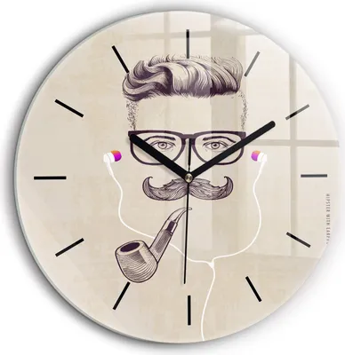 Produktbild von Wallfluent Große Wanduhr – Stilles Quarzuhrwerk - Uhr Dekoration Wohnzimmer Schlafzimmer Küche - Zifferblatt mit Striche - schwarze Zeiger - 60 cm - Mann mit Pfeife