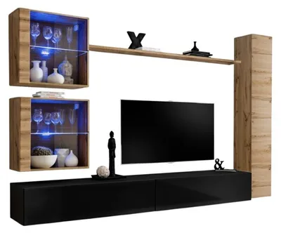 Productafbeelding van Wandmeubel SWITCH XVIII zwevend TV-meubel in hoogglans zwart en Wotan eik