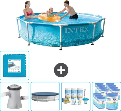 Produktbild von Intex Rundrahmen-Schwimmbecken – 305 x 76 cm – Wasserdruck – inklusive Pumpe Abdeckung - Wartungspaket - Filter - Bodenfliesen