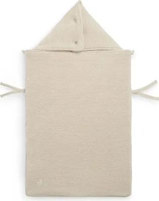 A beige knitted baby footmuff with a hood, presented against a white background.