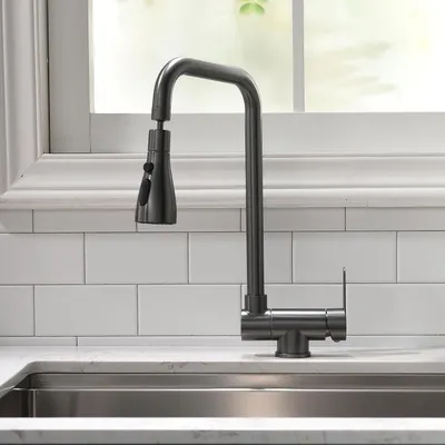 Image de Robinet de cuisine gris, haute pression, en acier inoxydable 304, pivotant à 360°, avec douchette rétractable
