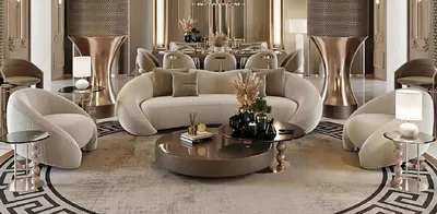 Produktbild von Casa Padrino Luxus Wohnzimmer Set Hellgrau / Kupfer / Schwarz - 2 Luxus Sofas & 2 Luxus Sessel & 1 Luxus Couchtisch & 2 Luxus Beistelltische - Wohnzimmer Möbel - Luxus Möbel