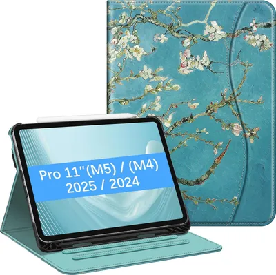 Produktbild von Fintie Hülle für iPad Pro 11 Zoll (M5/M4) 2025/2024 mit Stifthalter, Multi-Winkel Betrachtung Folio Stand Schutzhülle Case mit Dokumentschlitze, Mandelblüten