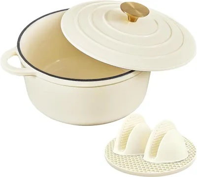 Produktbild von Emaille Bräter 24cm/4L Cremeweiß Gusseisen Schmortopf mit Deckel inkl. Ofenhandschuhe & Topfuntersetzer