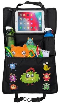 Obrázek produktu pro 1x dětský organizér na opěrku zad do auta s nastavitelnou kapsou na tablet s dotykovou fólií do 20" - motiv příšerky - univerzální velikost - 70 x 45 cm - včetně termoobalu + strečové síťované tašky