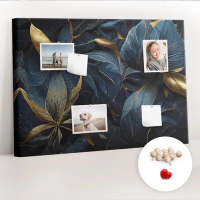 Obrázek produktu pro Korková nástěnka s kolíčky - Tabule s kolíky pro fotografie a poznámky - 100x70 cm - Připínáčky dřevěné 100 kusů - Dekorativní květiny