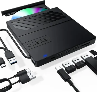 Produktbild von Externes CD/DVD-Laufwerk 7-in-1 – USB Ultra Slim, tragbarer Brenner, Slot-Loading, kompatibel mit Laptop, PC & MacBook