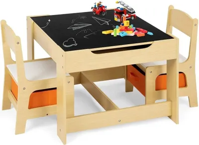 Produktbild von GOPLUS 3tlg. Kindertisch mit 2 Stühle, 3-in-1 Kindermöbel Set Holz Zum Schreiben, Zeichnen & Aufbewahren, Kindersitzgruppe für Kinder ab 3 Jahren, Mädchen und Jungen (Natur)
