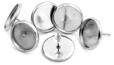 Produktbild von Vintageparts Ohrstecker Edelstahl silberfarben platiniert für 12 mm Cabochons, 6 Stück
