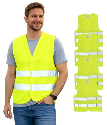 Produktbild von First Aid Only Warnweste Gelb (4er-Pack) | Sicherheitsweste für Auto & Fahrrad nach EN ISO 20471:2013 | Reflektierende Weste für Erwachsene, Einheitsgröße, waschbar | P-91911 00