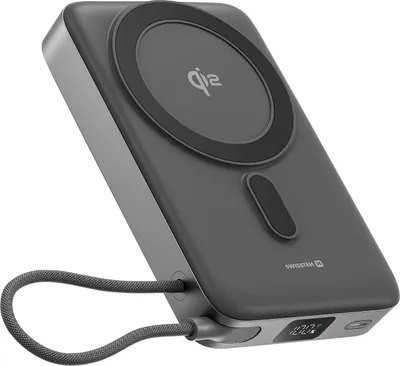 Produktbild von Swissten, Qi2 Powerbank 10000 mAh MagSafe USB-C 35 W mit Standfuß, Grau