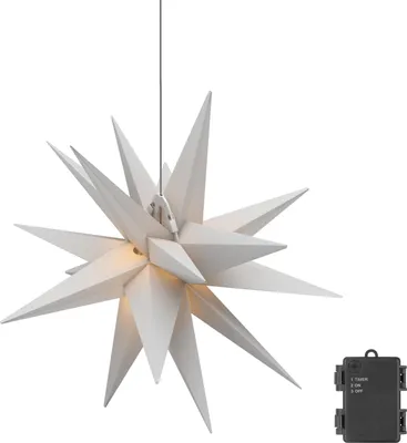 A white LED star-shaped lamp with 18 points, suspended by a wire, with a battery pack and remote control shown to the right.
