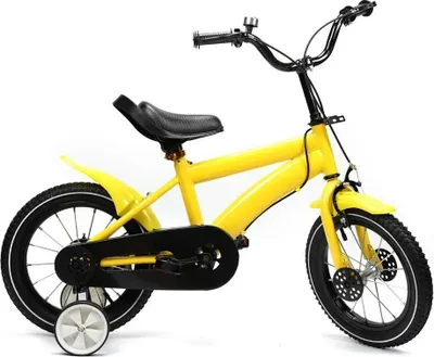 Obrázek produktu pro Dětské kolo – 35 cm kola, pro chlapce i dívky – pomocná kolečka – dvojité kotoučové brzdy – ocelový rám a vidlice – zadní odpružení – ocelové ráfky – žlutá barva