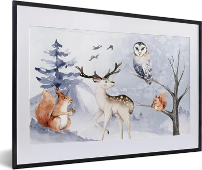 Produktbild von MuchoWow® Gerahmtes Poster Winter - Schnee - Hirsche 60x40 cm - Poster mit Schwarzem Bilderrahmen Wandposter Rahmen Foto Bilder - Schlafzimmer - Plakat in Rahmen - Drucken