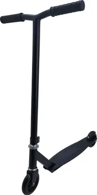 A black freestyle scooter is shown against a white background.