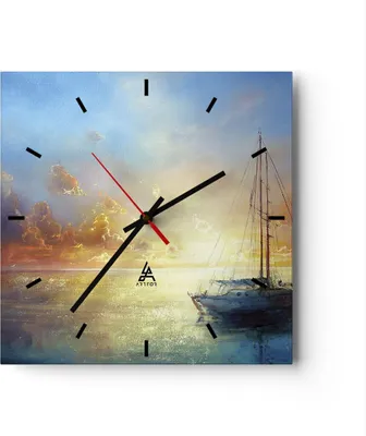 Produktbild von Wanduhr - Quadrat - Glasuhr - Segelboot Westen die Sonne - 40x40cm - Schleichendes Uhrwerk - Lautlos - zum Aufhängen bereit - Dekoration Modern - Wanddekoration aus Glas - C3AC40x40-4145