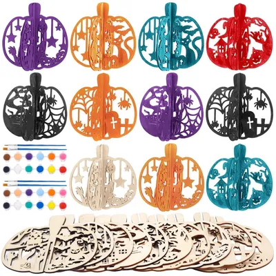 Immagine prodotto di Set di 20 zucche di legno da assemblare, da dipingere con colori e pennelli, ideale per bambini