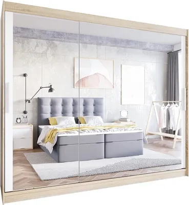 Produktbild von Easy4You LIII 250 cm Sonoma/Weiß Schiebetüren Kleiderschrank 250x215x58 cm mit Spiegel - Schlafzimmermöbel, Aufbewahrung - Mehrzweckschrank