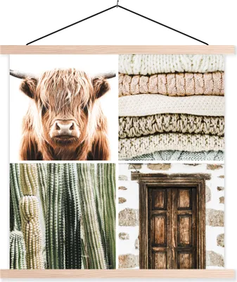 Produktbild von MuchoWow® Textilposter Schottisches Hochlandrind - Kaktus - Holz 60x60 cm mit holzfarbenen Rahmen - Wanddekoration