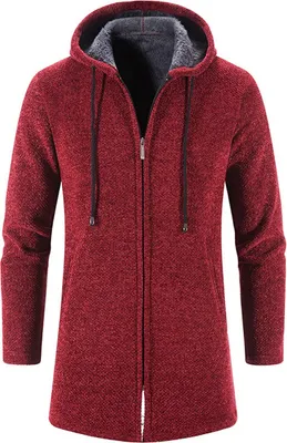 Produktbild von ASKSA Herren Strickjacke mit Kapuze Lang Gestrickt Cardigan Pullover Hoodie Kapuzenjacke Winter Fleecejacke, Rotwein, L