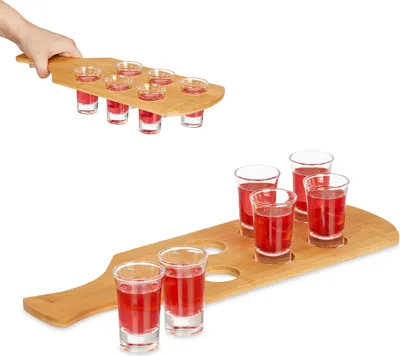 Produktbild von Relaxdays Schnapsbrett, mit 6 Gläsern, 4 cl, Schnapstablett mit Griff, Geschenkidee, Schnapsglashalter, Bambus, natur