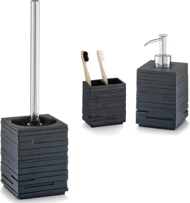 Produktbild von 3-teiliges Badezimmer-Set Schiefer Optik schwarz, Badzubehör-Set besteht aus: Seifenspender, 2-fach Zahnputzbecher, WC-Bürste, moderne Badausstattung