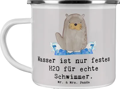 Produktbild von Mr. & Mrs. Panda Teetasse Schwimmen Abenteuer - Grau Pastell - Geschenk, Emaille Becher, Freistilschwimmen, Teamsport, Sportler, Kaffeepott, Pott, Sportart, Tasse, Haferl