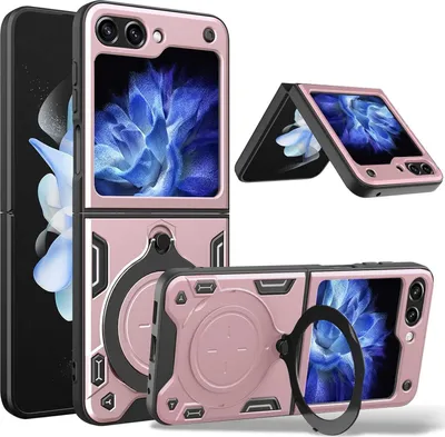 Produktbild von Handyhülle für Samsung Galaxy Z Flip 5 Dual-Layer Stoßfest Rüstung Hülle mit Dia Kameraschutz und Kreisförmig Ring Ständer Roségold
